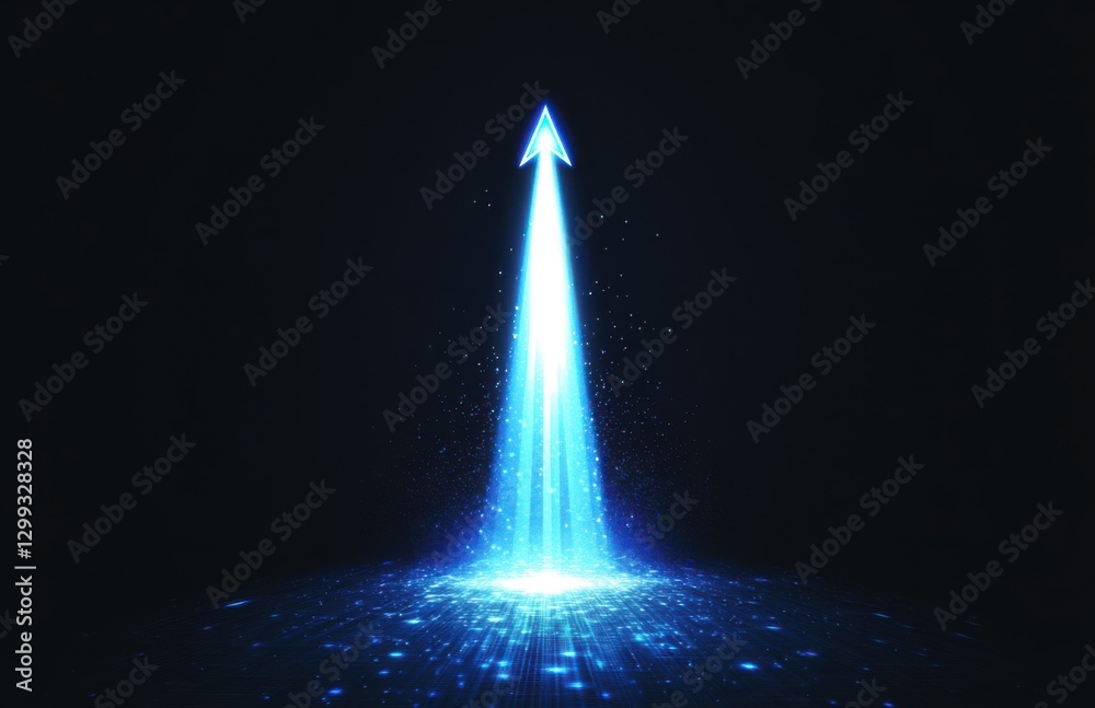 Poster a blue arrow of light, shining on the ground with digital particle effects against a black backgroun
