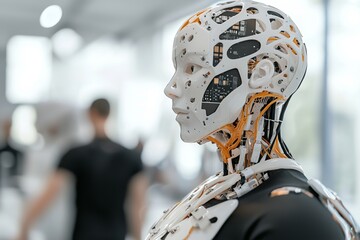 Fototapeta premium The humanoid robot, bearing the distinctive AI logo on its frame, works together with human colleagues, relying heavily on its AI-powered abilities to contribute significantly to