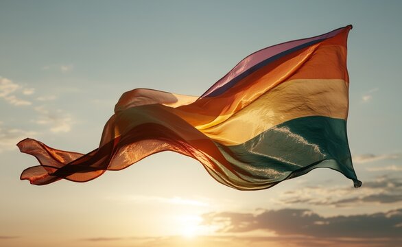 A fabric texture featuring a rainbow flag pattern is used to conceptually represent LGBT LGBTQ pride, particularly for transgender day of remembrance and awareness week