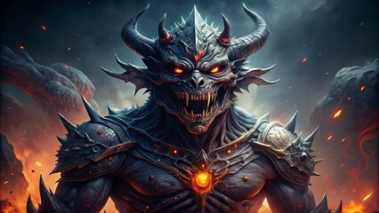 A powerful demon with sharp horns and glowing eyes stands amidst flames in a dark, mystical setting. The air is thick with smoke, creating an ominous atmosphere at twilight