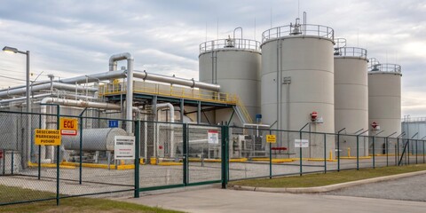 Obraz premium Industrial storage tanks at a chemical facility under a cloudy sky in the early afternoon