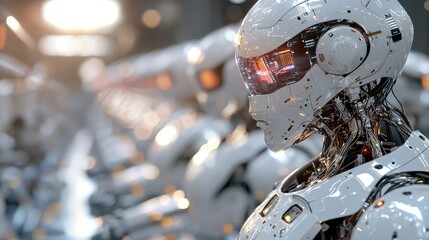 In a high-tech factory, futuristic robots work together on a complex task, demonstrating advanced automation and technological progress
