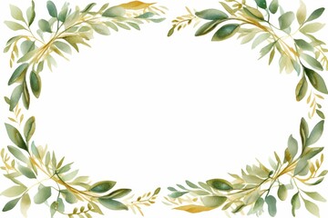 Fototapeta premium Watercolor frame with thin squares made of green and yellow leaves on a white background.