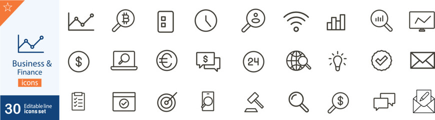 Business and finance line icons set. Set of 30 outline icons related to business, finance, and others . Vector illustration. Linear icons set. Business finance outline icon collection. Editable stroke