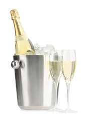 Champagne in glasses and ice bucket with bottle isolated on white