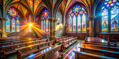 Fototapeta premium Sunlight streams through vibrant stained glass windows, casting colorful patterns across the wooden pews in a peaceful church setting during early morning hours