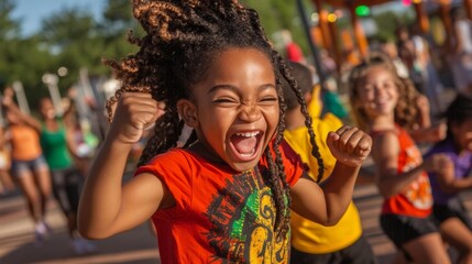 Children dancing joyfully at a park celebration wearing bright t-shirts in a colorful Juneteenth event. Generative AI