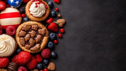 Red White and Blue Patriotic Cupcakes and Cookies for a Festive Table. Generative AI
