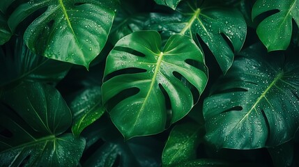 Fototapeta premium Lush green monstera leaves tropical garden nature photography rainy environment close-up view plant aesthetics