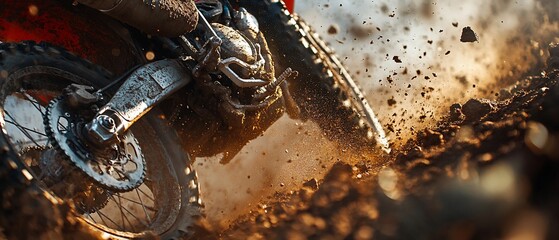 Dirt bike tire kicking up dust on a dirt track, for extreme sports ads