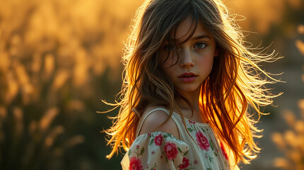 Young girl with flowing hair in sunset field. AI image