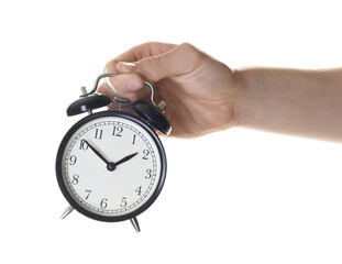 Man with black alarm clock on white background, closeup