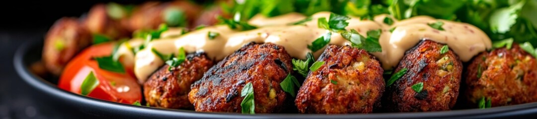Fresh homemade falafel served with tahini sauce and salad garnished with herbs and vegetables. Generative AI