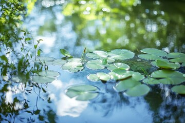 Lily Pads and Reflections: Serene Pond in Sunlight