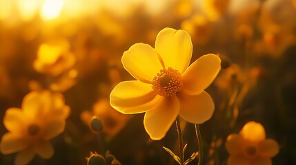 Fototapeta premium Golden yellow flower in a vibrant meadow at sunset nature photography serene environment close-up view