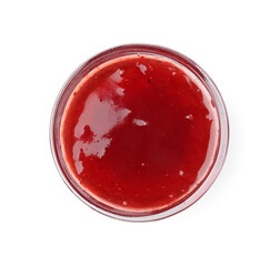 Tasty strawberry sauce in bowl isolated on white, top view