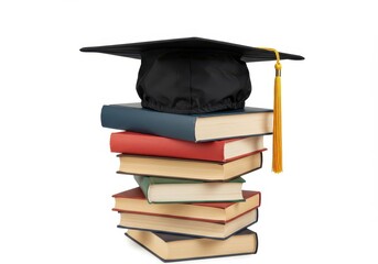 A stack of hardcover books topped with a black graduation cap featuring a golden tassel isolated on white background