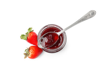 Tasty strawberry sauce in jar with spoon and fresh berries isolated on white, top view