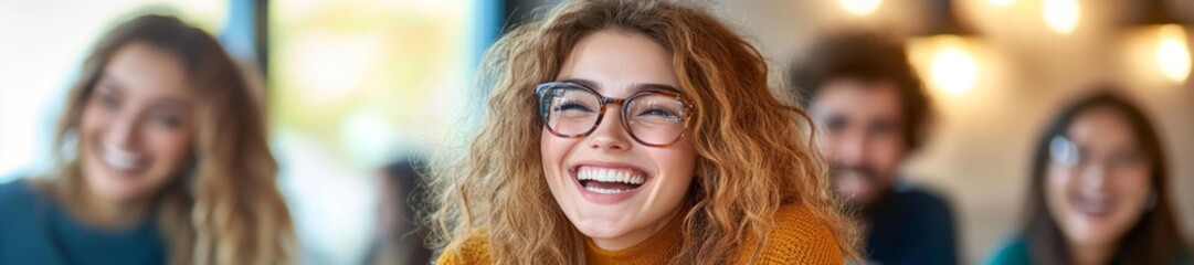 Fototapeta premium Group of young adults laughing together in a cozy cafe setting. Generative AI