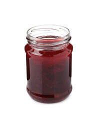 Delicious strawberry sauce in glass jar isolated on white