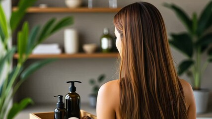 A serene scene featuring a woman with long hair holding a wooden tray with natural beauty products in a tranquil bathroom