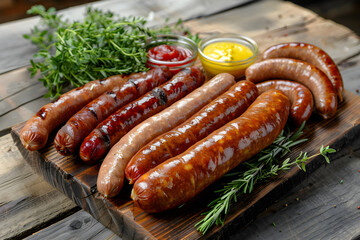 Variety of Fresh Sausages Displayed on Rustic Wooden Board with Herb Garnish and Condiments