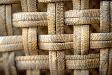 A close-up photograph of a woven basket, highlighting the intricate pattern formed by the rustic wooden strips, Woven, basket-like texture with intricate pattern
