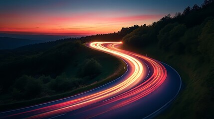 Twilight road trip journey scenic hills long exposure photography serene nature lush environment vibrant colors