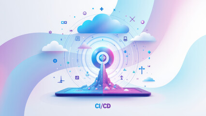 Obraz premium A vibrant illustration of a Ci/CD pipeline with Docker containers and Kubernetes concepts.