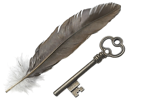 Vintage brass key and brown feather quill: symbols of knowledge and mystery, isolated on white background.