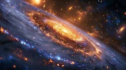 Obraz premium Celestial scene featuring a luminous quasar in the early universe surrounded by young forming galaxies cosmic dust and gravitational lensing effects