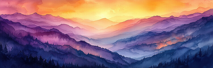 A watercolor vista of layered mountain ranges at dawn or dusk, painted with a soft, dreamy atmosphere.