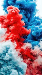 Red and blue smoke plumes billow outdoors; abstract background for design