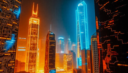Obraz premium A futuristic metropolis with neon-lit skyscrapers and glowing circuit-like structures, symbolizing a high-tech, digital future.