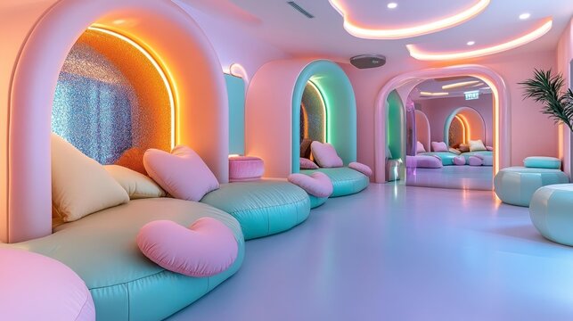 Playful and Colorful Y2K-Inspired Lounge with Heart-Shaped Pillows. Generative AI