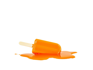 Melting orange popsicle on white background, creating vibrant puddle of fruit-flavored ice cream on a hot summer day