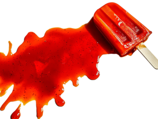Melting red popsicle dripping vibrant juice, creating abstract splash pattern on white background