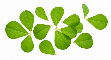 Obraz premium Fresh vibrant natural green leaves isolated on a clean white background, concept for organic product packaging, spring season promotions and eco-friendly design