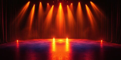 Naklejka premium Colorful stage lights illuminate an empty performance area in a theater at night