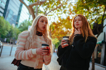 Two young women friends with coffee walking on city street in summer Seoul