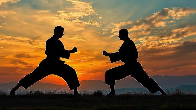 Two martial artists in black shadows spar against a dramatic orange sunset, silhouetted in perfect symmetry.