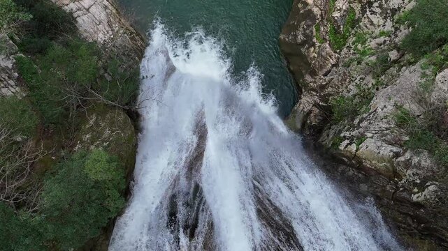 Aerial Top-Down View of Polylimnio Waterfall in Messinia, Greece after heavy rainfall