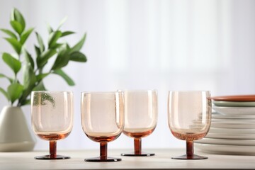 Empty clean glasses, plates and green branches on table indoors
