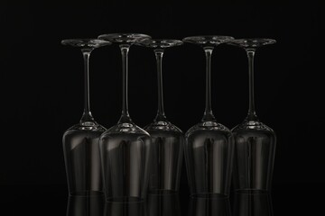 Many empty clean glasses on black background