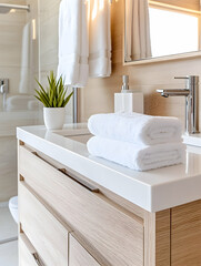 Modern bathroom, folded towels, vanity