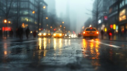 Foggy city street at night with illuminated cars and pedestrians crossing under streetlights. Generative AI