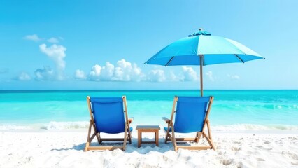 Two blue beach chairs sit on the white sand under a matching umbrella, facing the turquoise sea and a bright blue sky. Concept of: Seashore serenity.
