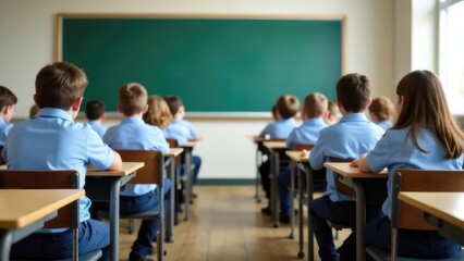 A classroom full of students in blue shirts sits at their desks facing a green chalkboard.
Concept of: School education.