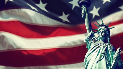 The Statue of Liberty stands proudly with the American flag waving in the background, symbolizing freedom and patriotism