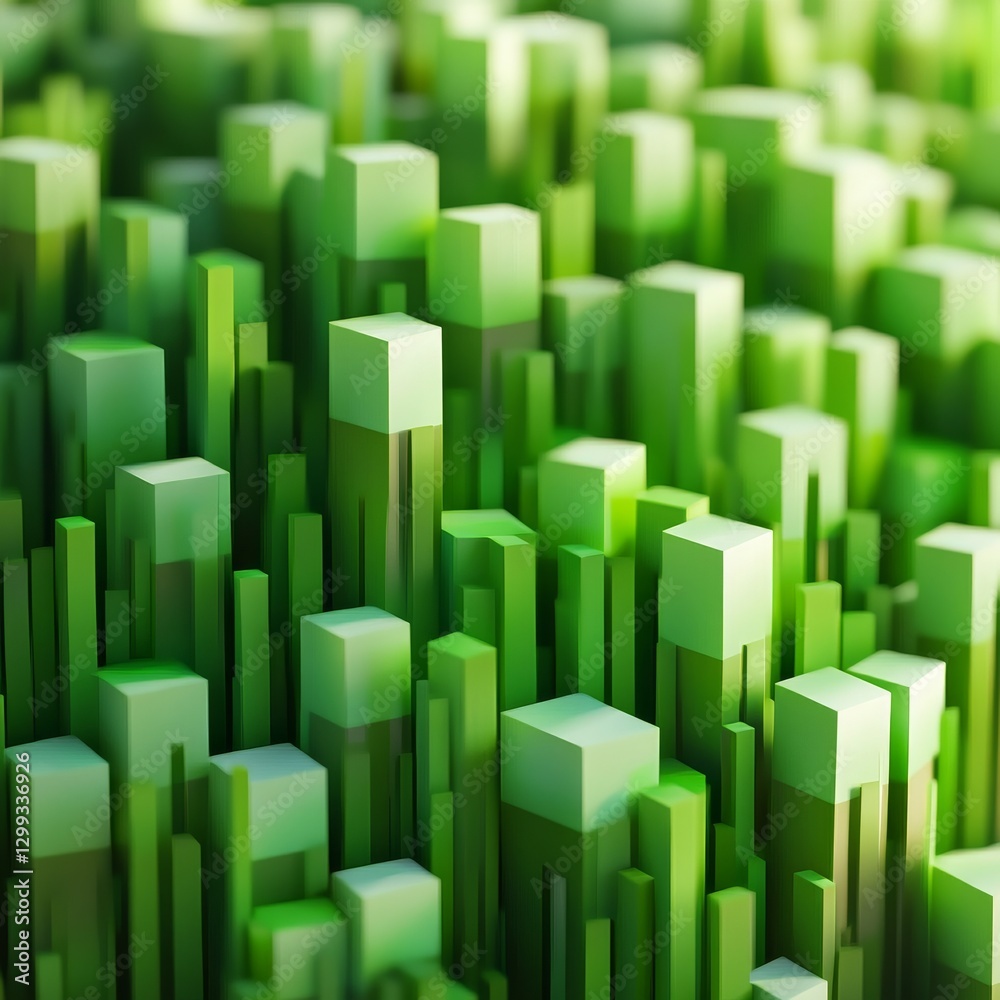 Poster abstract green cityscape: a 3d rendering of rising blocks and pillars of varying heights
